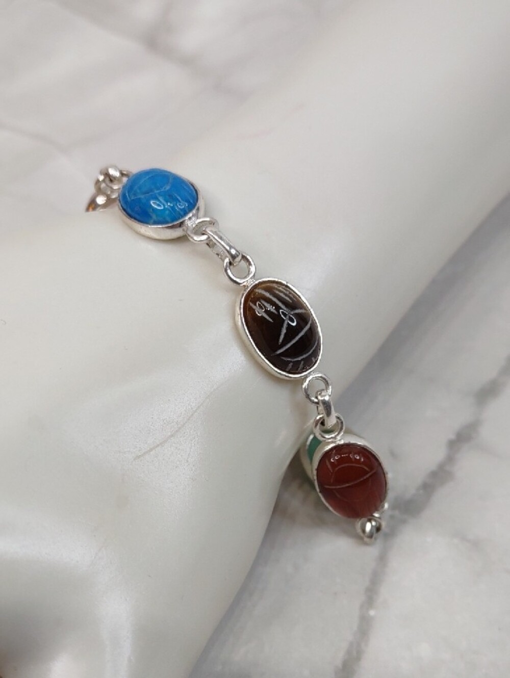 Vintage Artisan Crafted Sterling Silver Multi Stone Scarab Bracelet